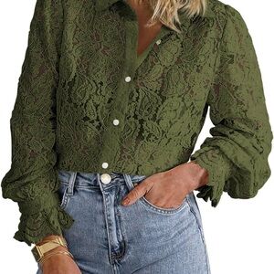 NWT BTFBM Long Sleeve Elegant Army Green Lace Blouse | S